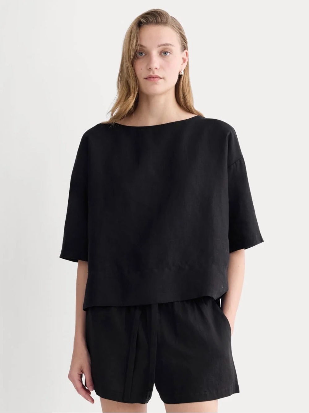 Everlane The Boatneck Top in Linen Black Size S 100% European Flax Linen NWT